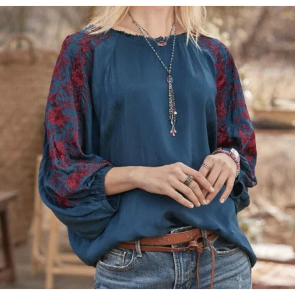 Sundance Parlor Blooms Float Blouse Size Petite Medium Oasis Blue Embroidered